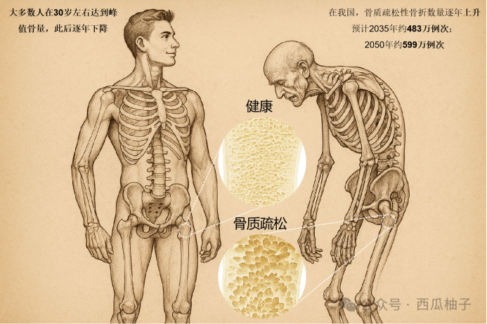 图1 随着社会逐渐老龄化,骨质疏松将给患者、家庭和社会造成了沉重的负担。数据来源于《骨质疏松性骨折诊疗指南》(2022年版)
